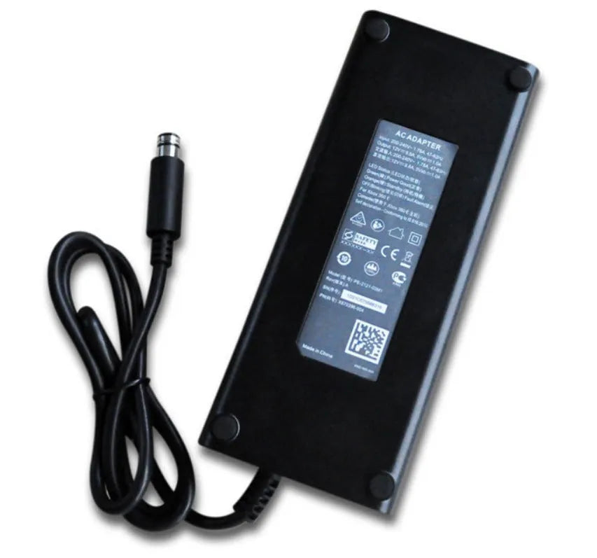 Black XBOX360E AC power adapter with choice of EU, UK, or US plug styles for Microsoft console