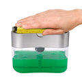 A grey plastic soap dispenser bottle for liquid hand wash on a kitchen counter.