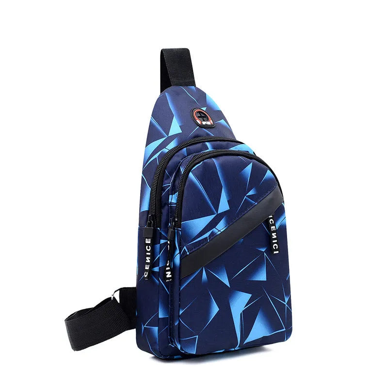 Blue Oxford cloth crossbody chest bag for men with an earphone hole and zipper.