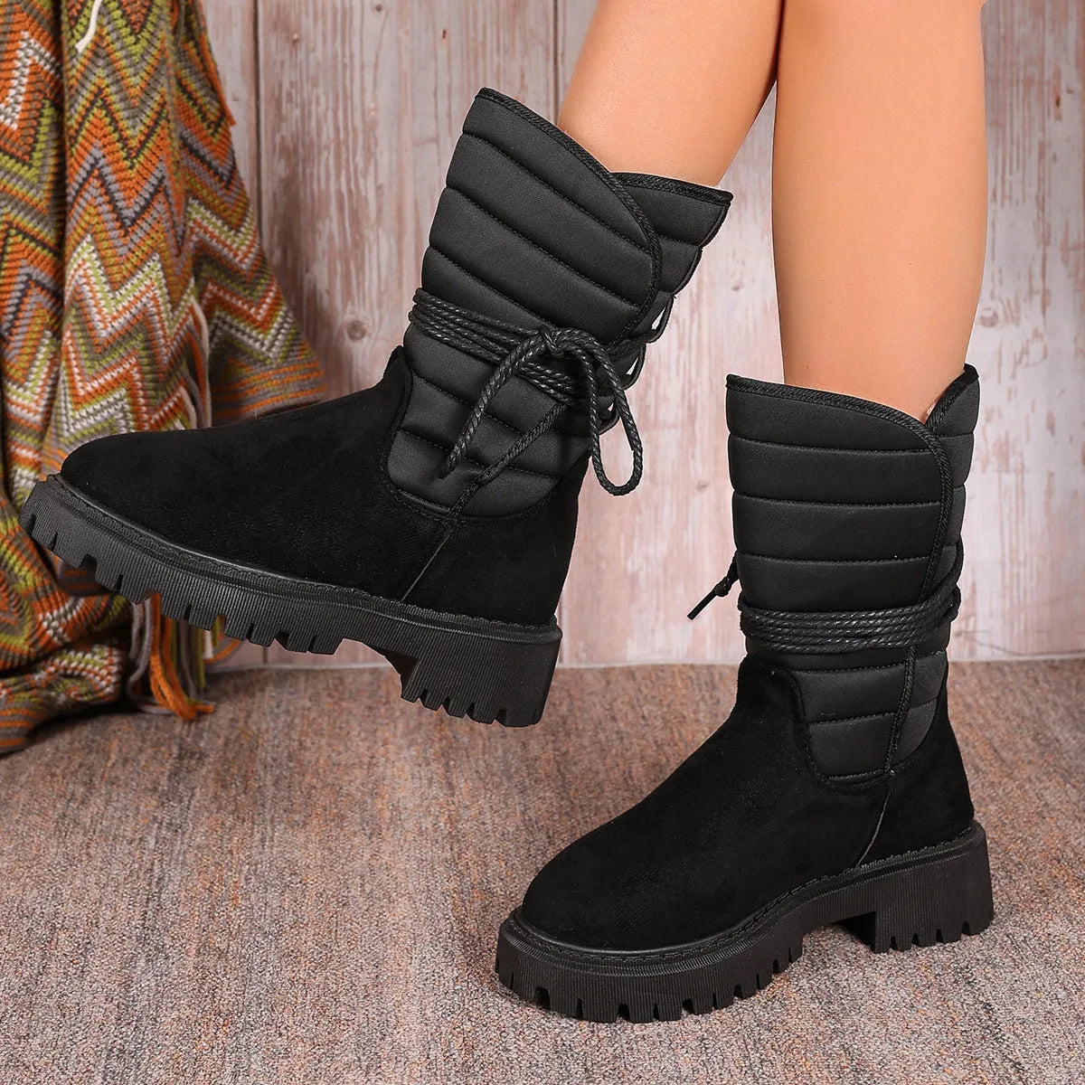 Women's black suede chunky heel snow boots with lace-up design and fleece lining.