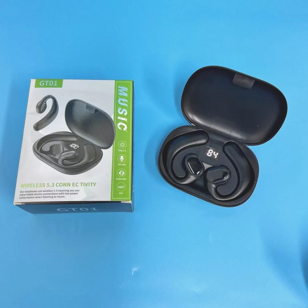 Black and white ear-mounted Bluetooth headset with digital display screen on ear.