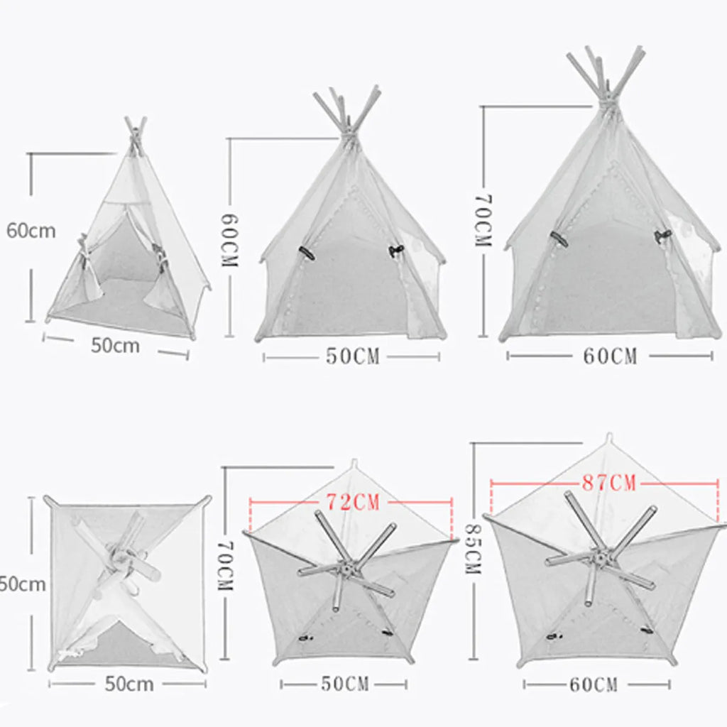 Striped linen pet teepee tent bed with cushion for a small dog or cat