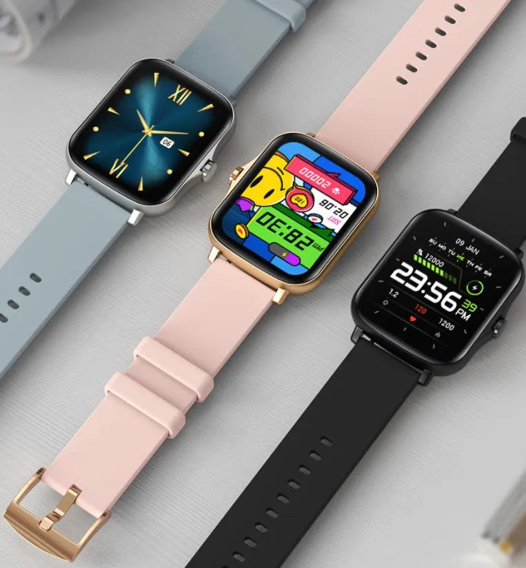 Black smart watch with 1.7-inch colour touch screen on an adjustable strap, showing fitness data interface.