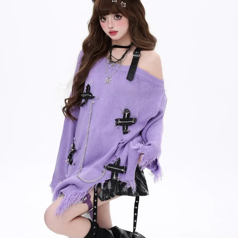 Off-the-shoulder ripped tassel sweater for women in loose fit polyester autumn winter purple black pink