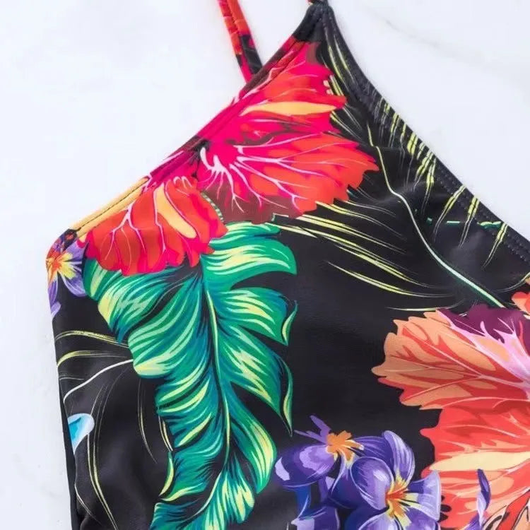 Black women's high waist bikini briefs with printed split design for swimming and sports