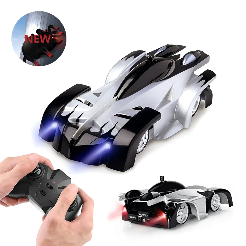 Wall climbing RC car toy climbing a wall with LED lights illuminated, remote control shown alongside