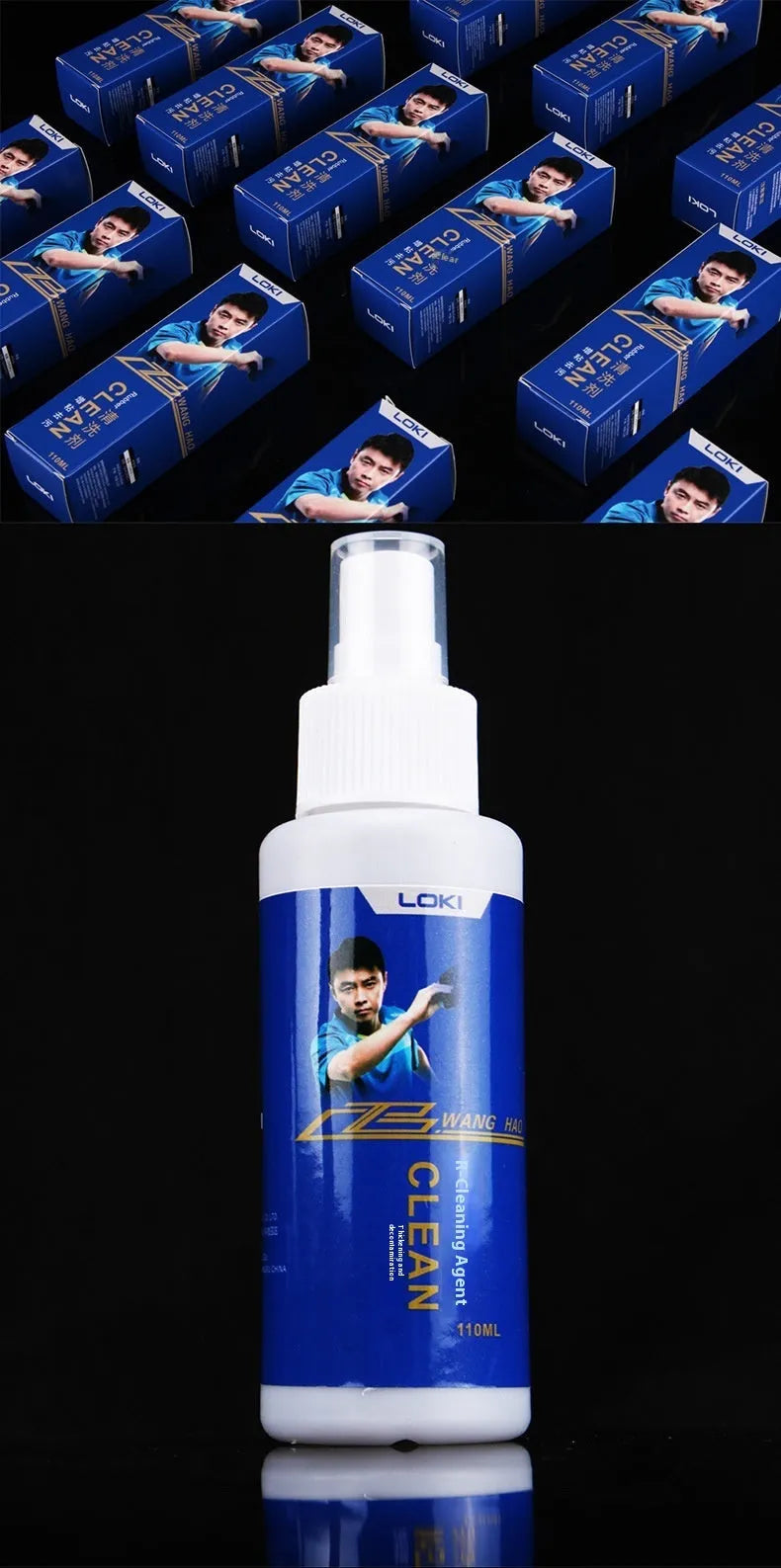 110ml bottle of table tennis rubber cleaning liquid with a sponge applicator.