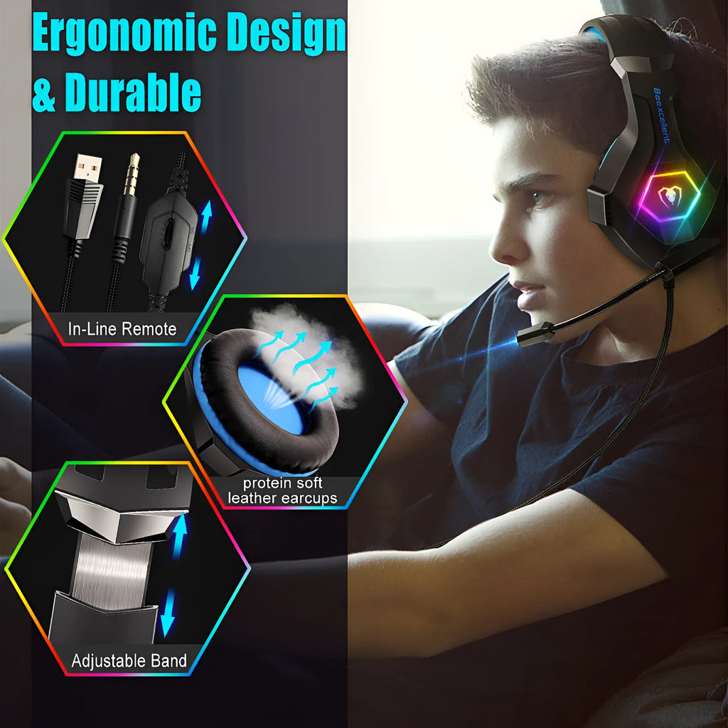 Luminous Gaming Headset with microphone and LED lights in black with blue accents