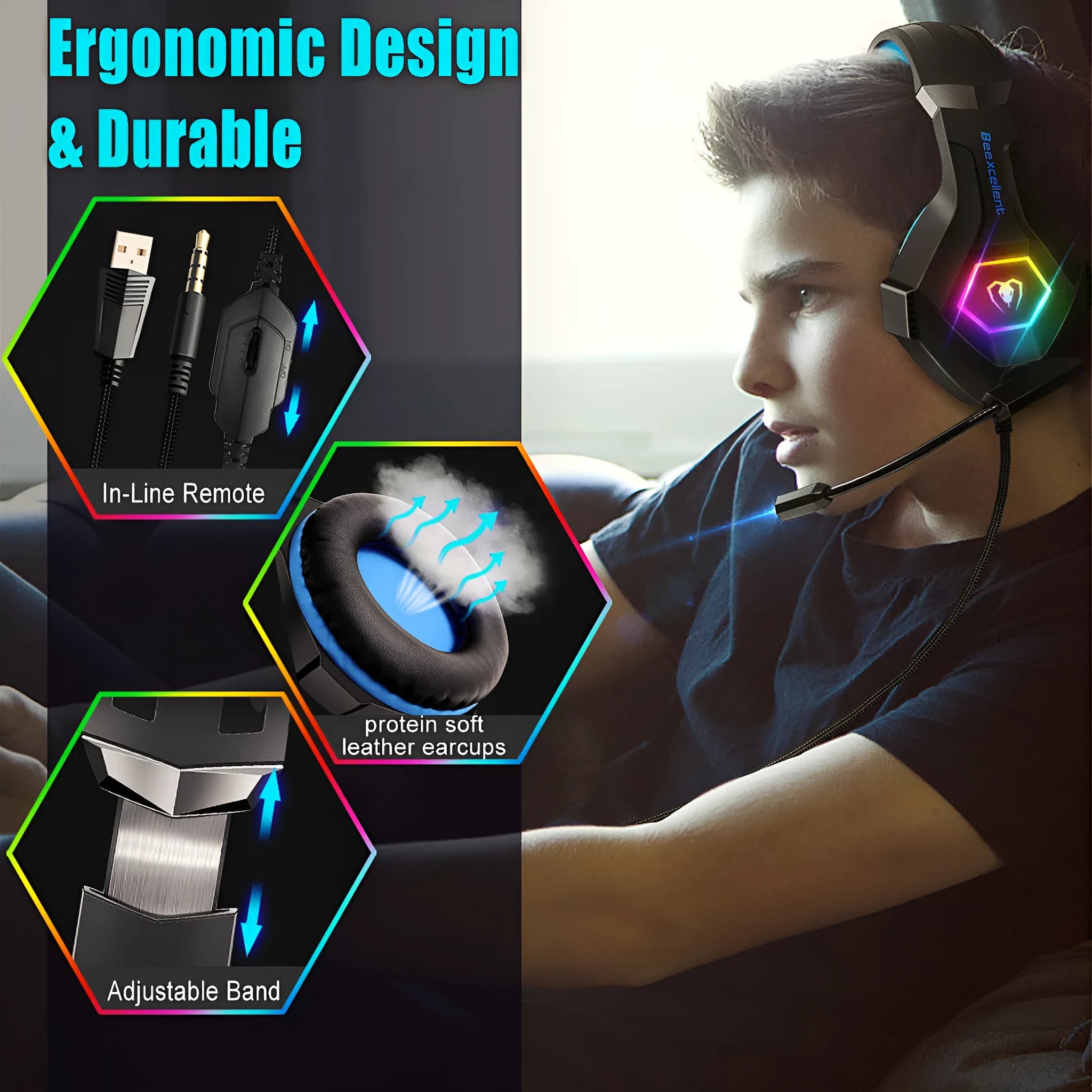 Luminous Gaming Headset with microphone and LED lights in black with blue accents