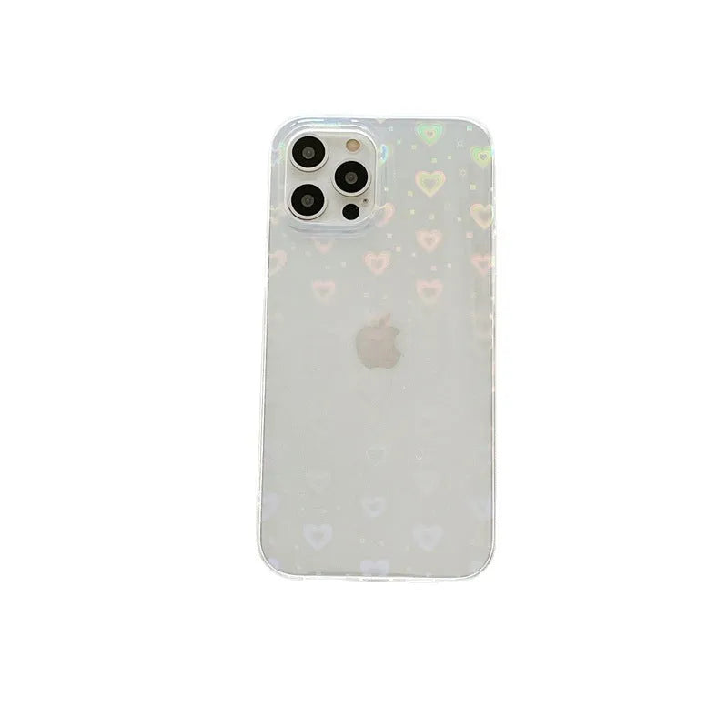 Transparent silicone iPhone case with laser love design, shown on a phone.