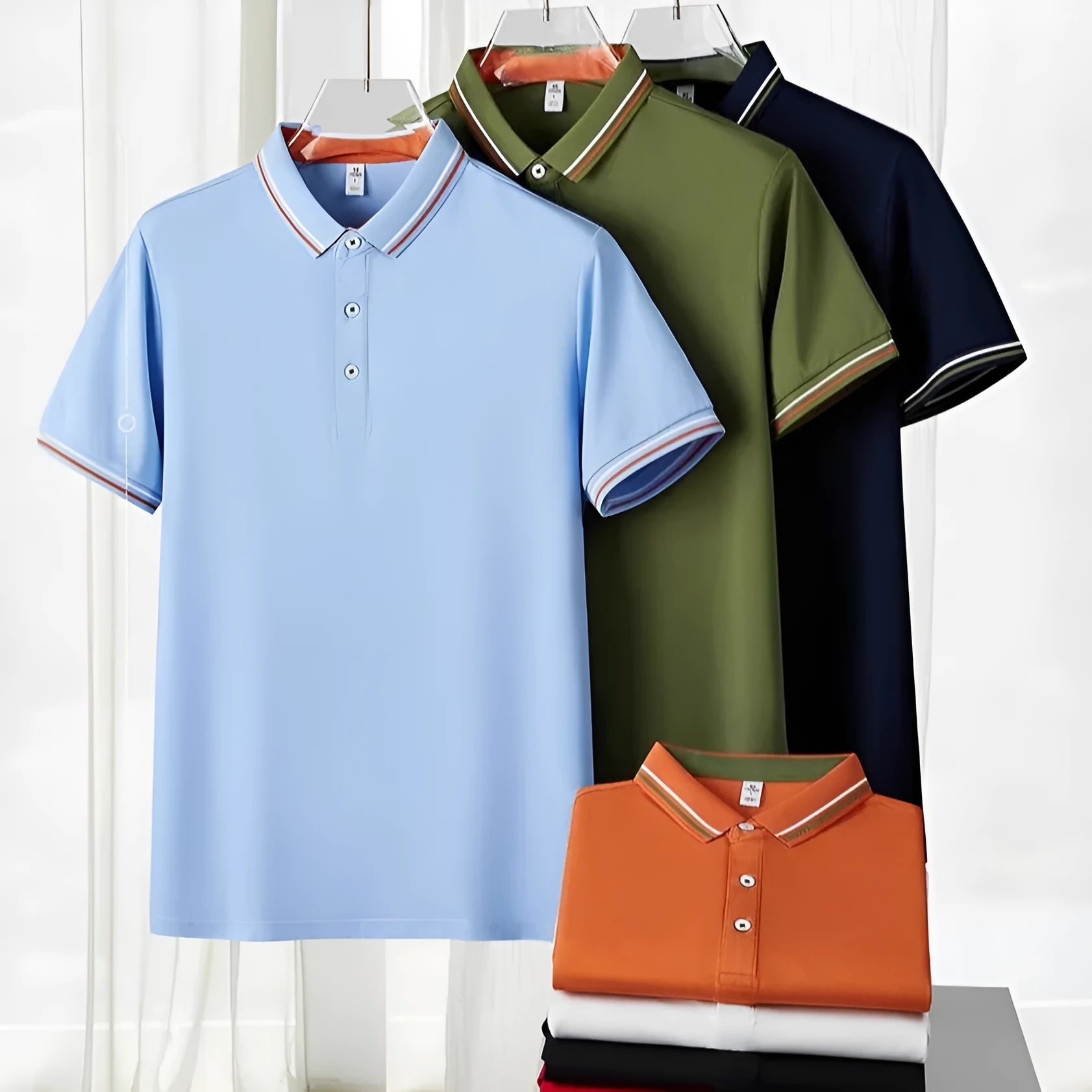 Men's slim fit cotton blend polo shirt with collar and short sleeves on a hanger.