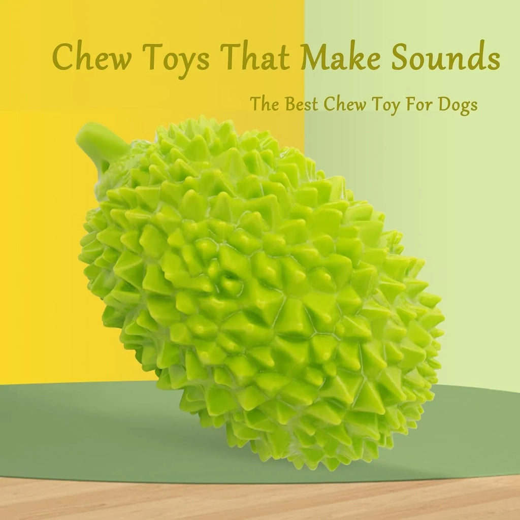 Beige, green, and yellow durian-shaped dog chew toy with raised bristles for teeth cleaning.