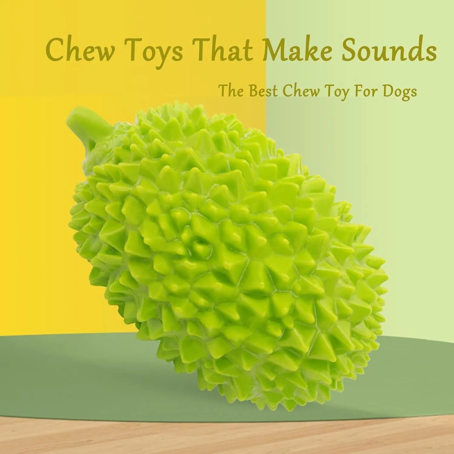 Beige, green, and yellow durian-shaped dog chew toy with raised bristles for teeth cleaning.