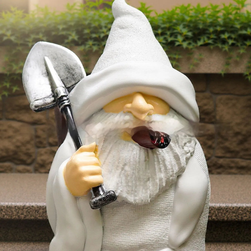 Christmas resin ornament featuring pipe dwarf character with smoking shovel for garden or indoor holiday decoration