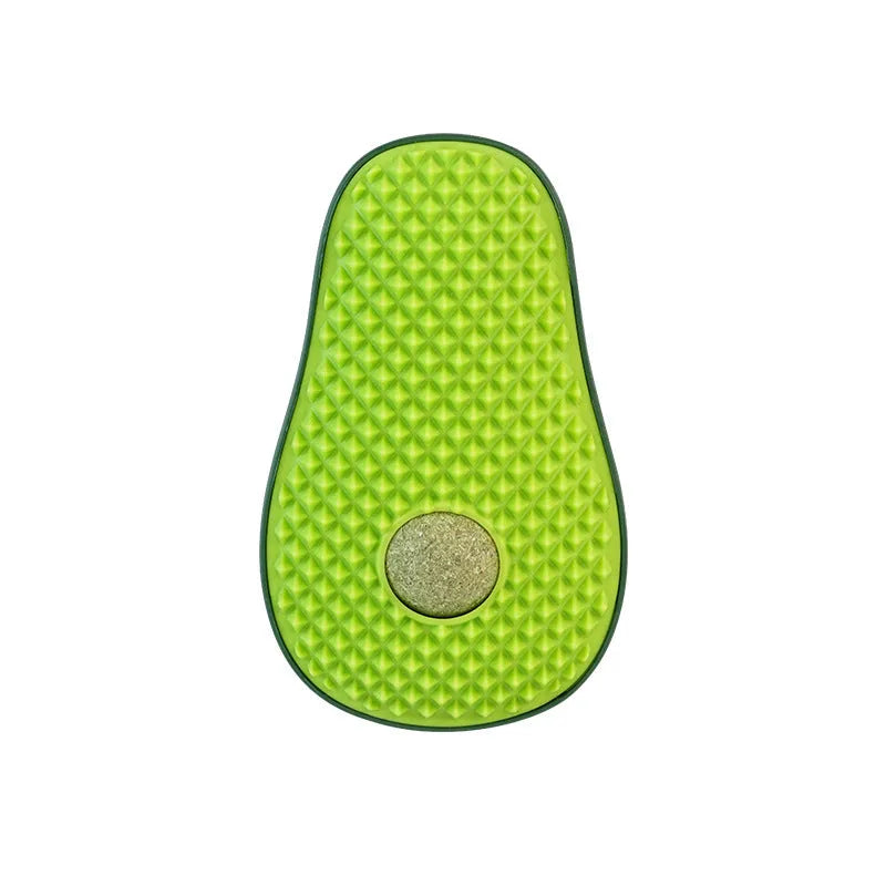 Green avocado-shaped cat scratching post toy on a plain background.