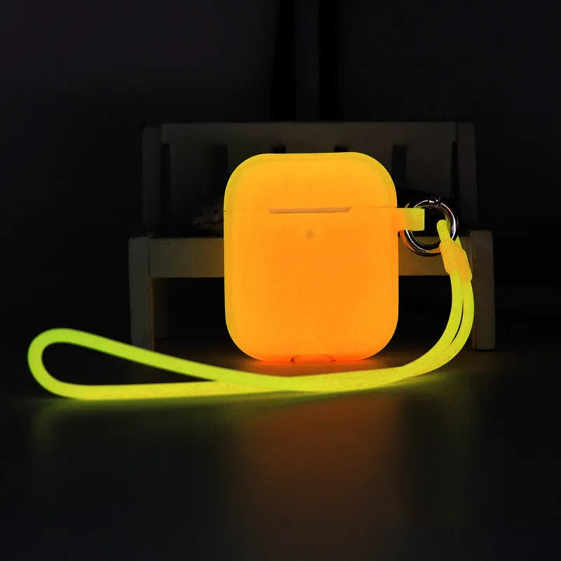 Luminous silicone AirPods case with integrated carrying strap in blue colour