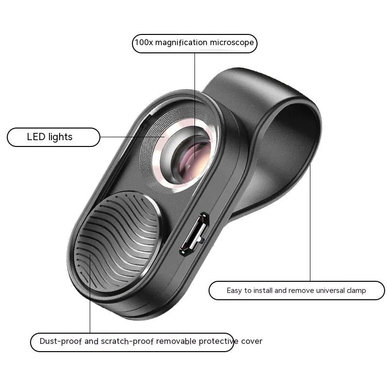 Black mobile magnification microscope with LED light clamped onto a smartphone showing 100x close-up view