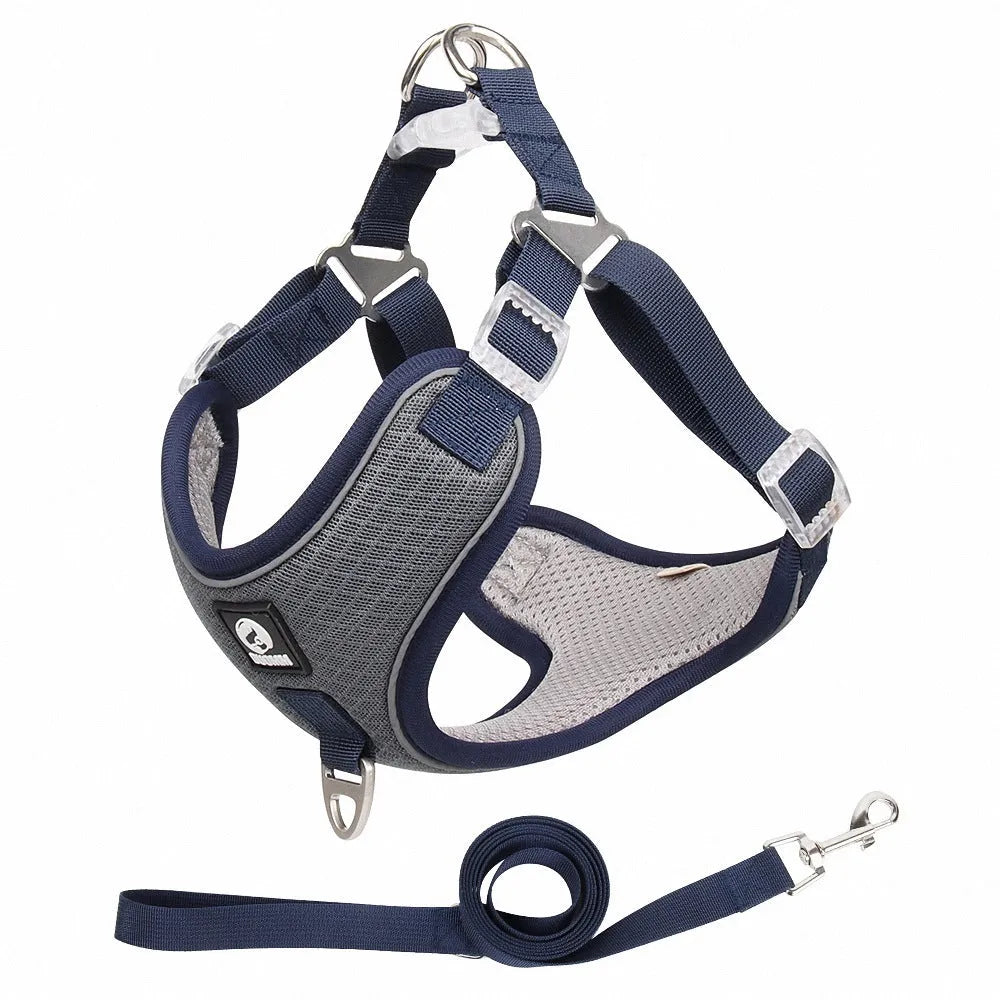 Adjustable dog harness with reflective strips in black, red, gray, or light purple colours