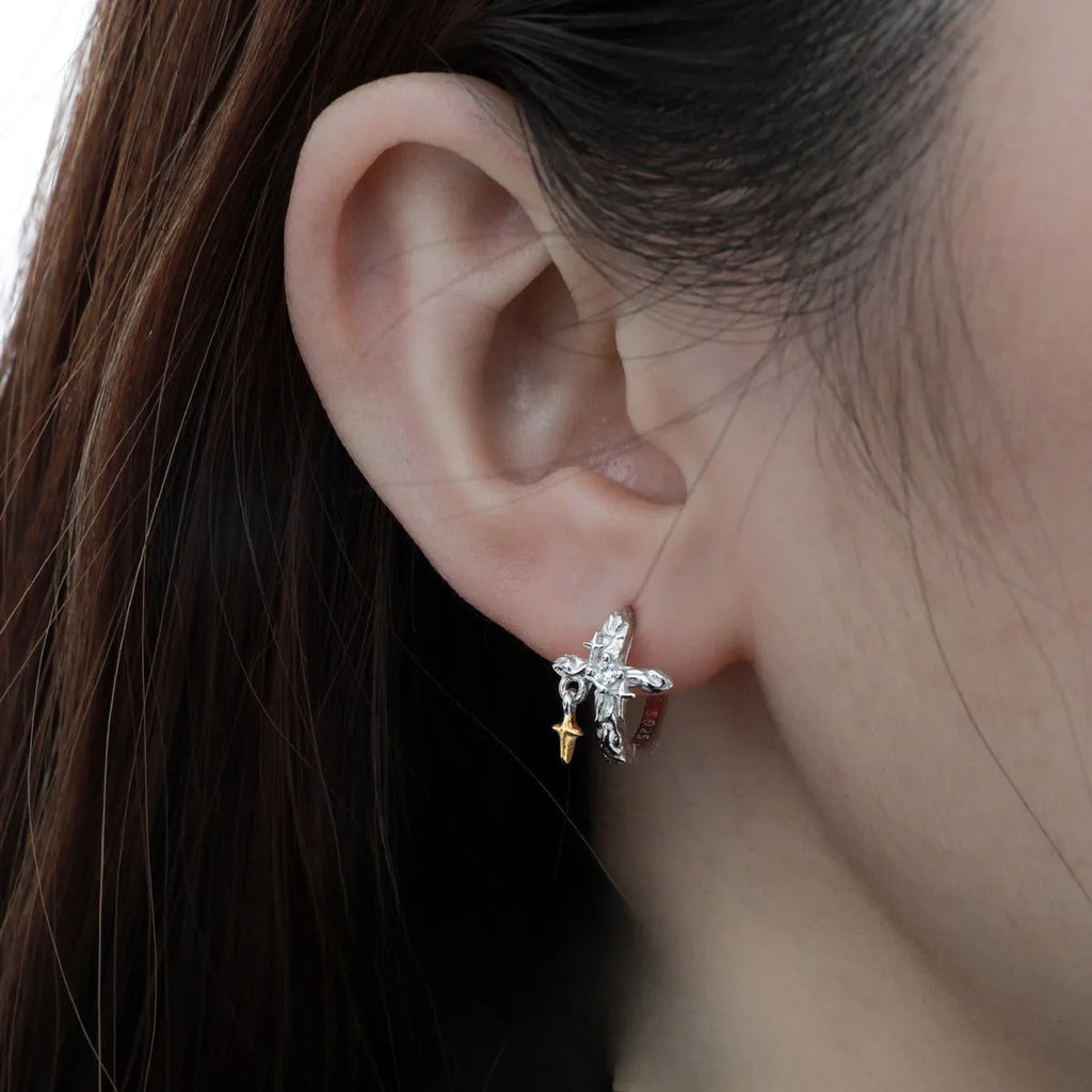925 sterling silver cross earrings with white gold colour finish and geometric round design