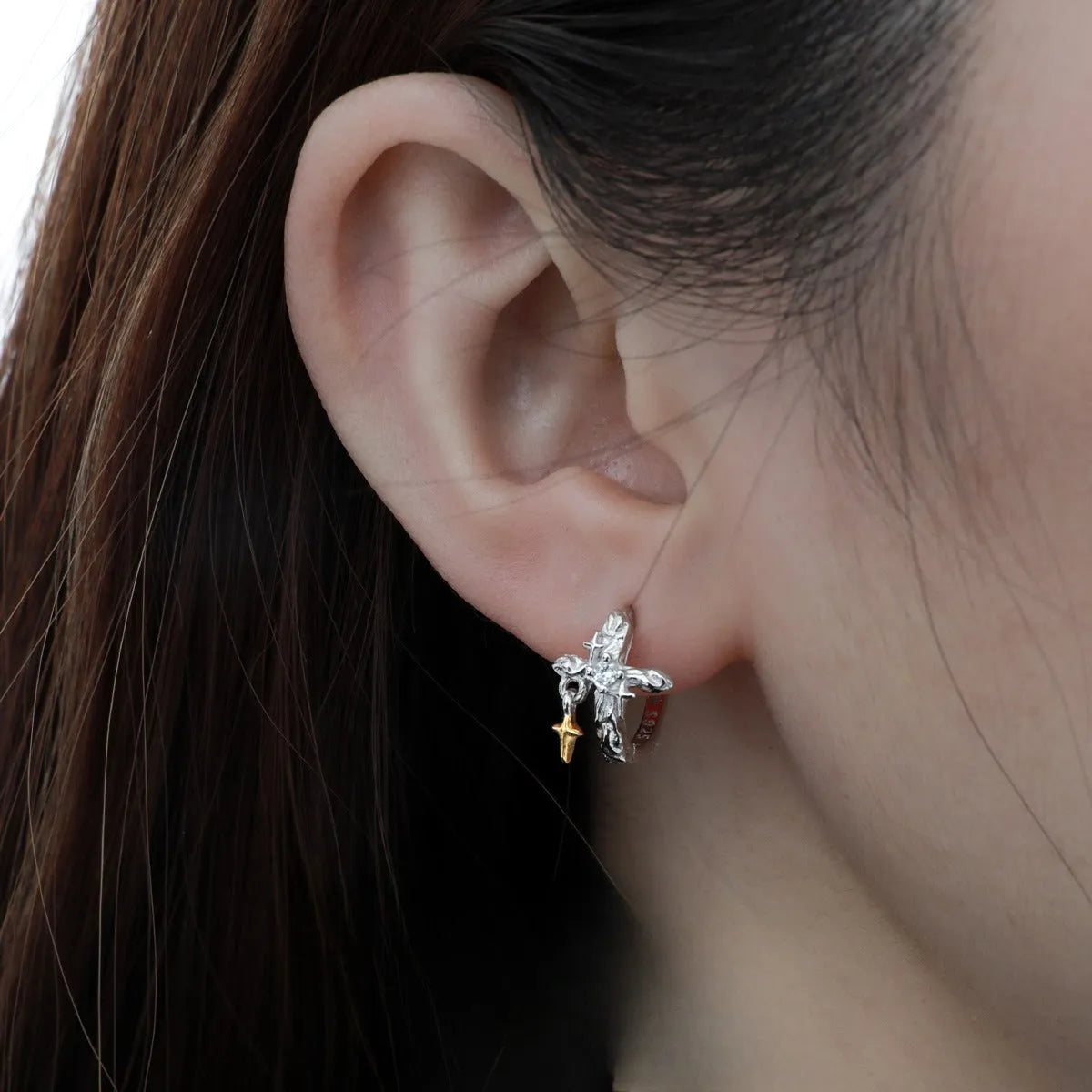 925 sterling silver cross earrings with white gold colour finish and geometric round design