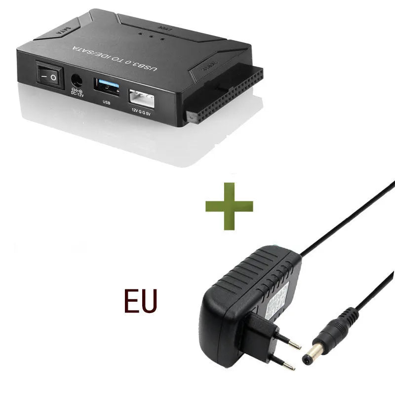 USB 3.0 to IDE and SATA hard drive adapter with cables and power supply for desktop data recovery