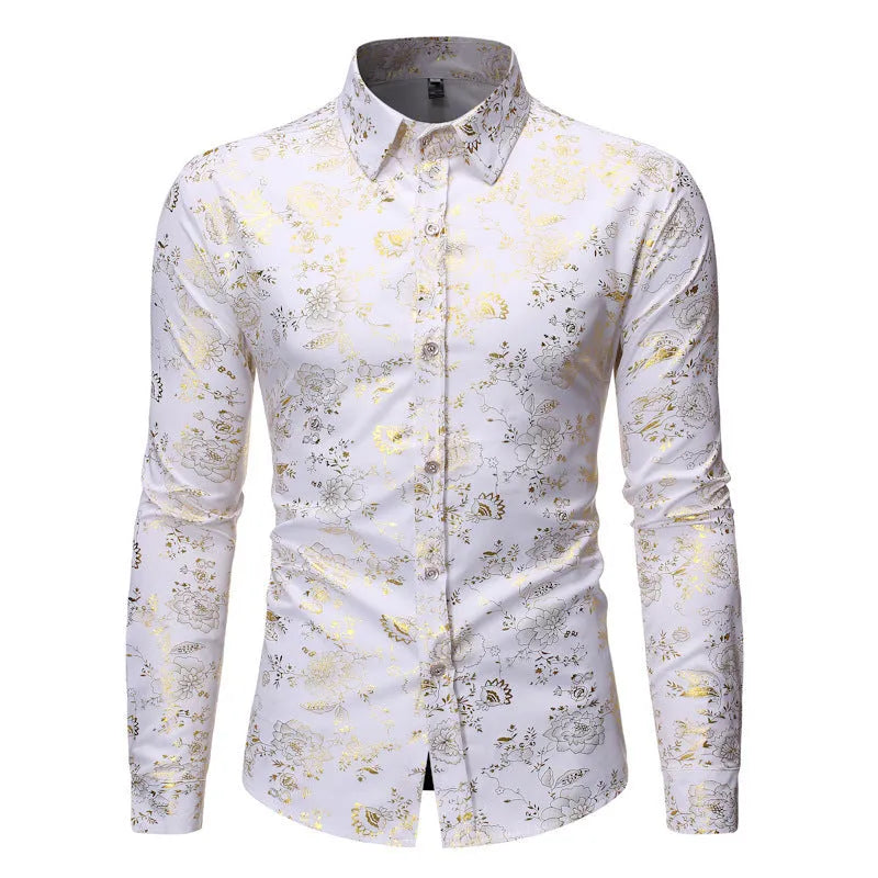 Men's long sleeve casual shirt with metallic bronzing print on elastic polyester fabric.