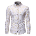 Men's long sleeve casual shirt with metallic bronzing print on elastic polyester fabric.