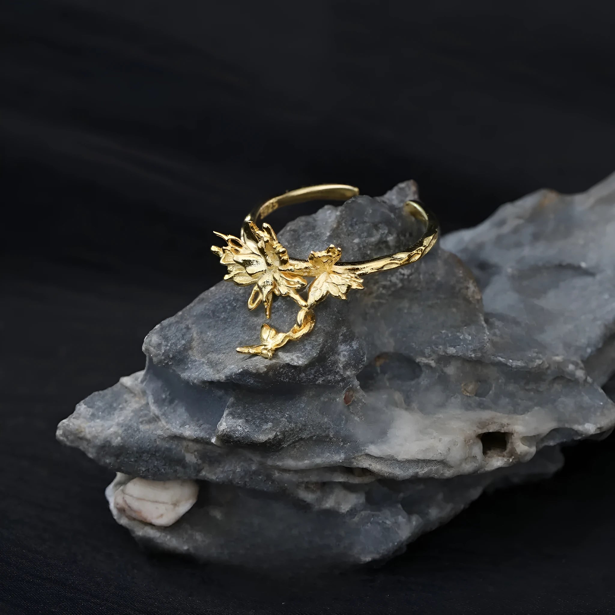 Adjustable silver butterfly ring with electroplated finish in gold colour options