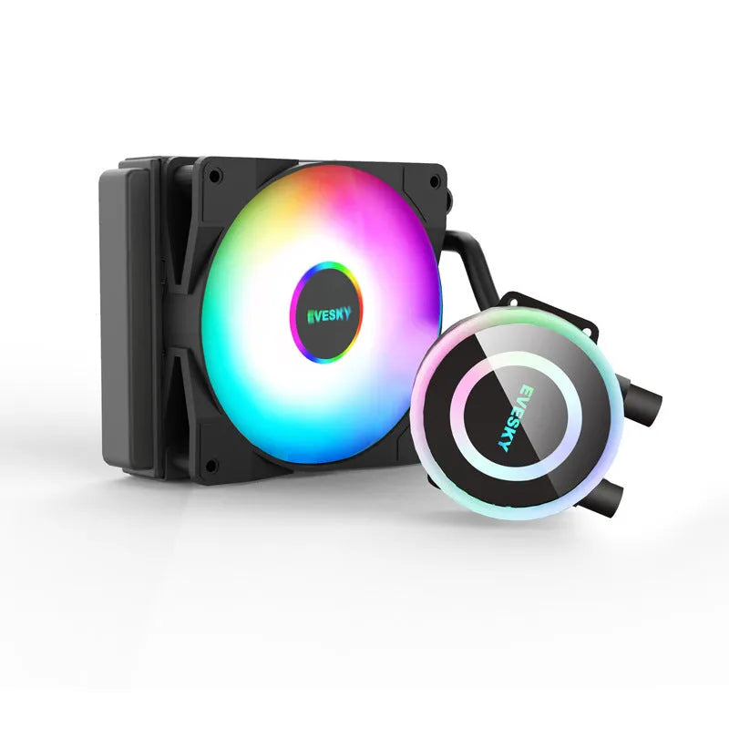 Black aluminium CPU radiator fan with RGB lighting, shown in 120mm, 240mm, and 360mm size options for PC cooling.