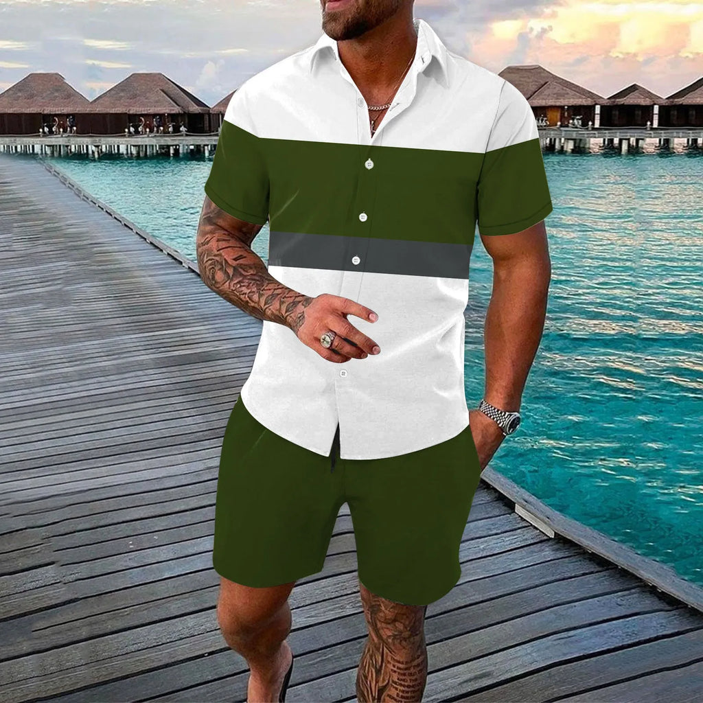 Men's summer cardigan shirt outfit with printed pattern and matching pants on a plain background