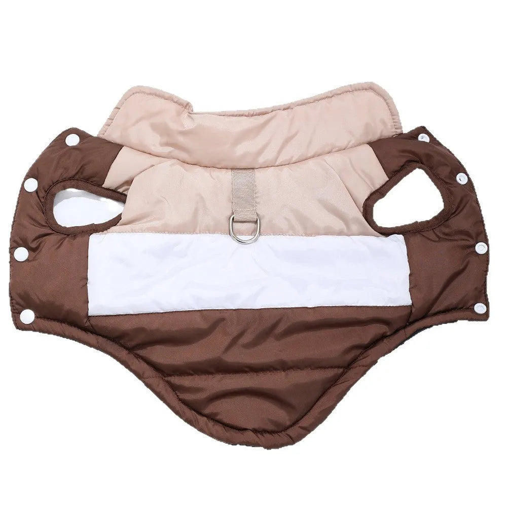 Dog autumn winter coat with attached leash in white and blue, polyester, sizes XS to XL