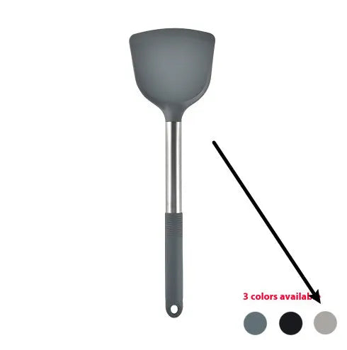12-piece silicone kitchen utensil set in rotating storage bucket, showing spatula, ladle, and other tools.