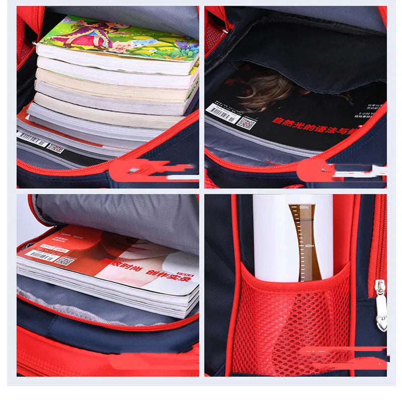 Blue children's nylon backpack with anime cartoon print and a matching pencil case.