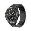 Black smart watch with health monitoring on a silicone wristband showing a heart rate graph on its screen.