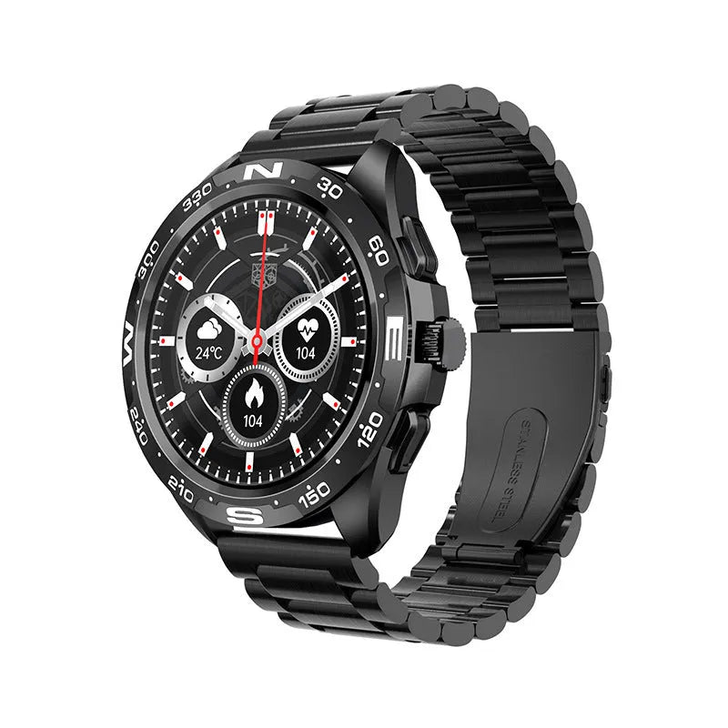 Black smart watch with health monitoring on a silicone wristband showing a heart rate graph on its screen.