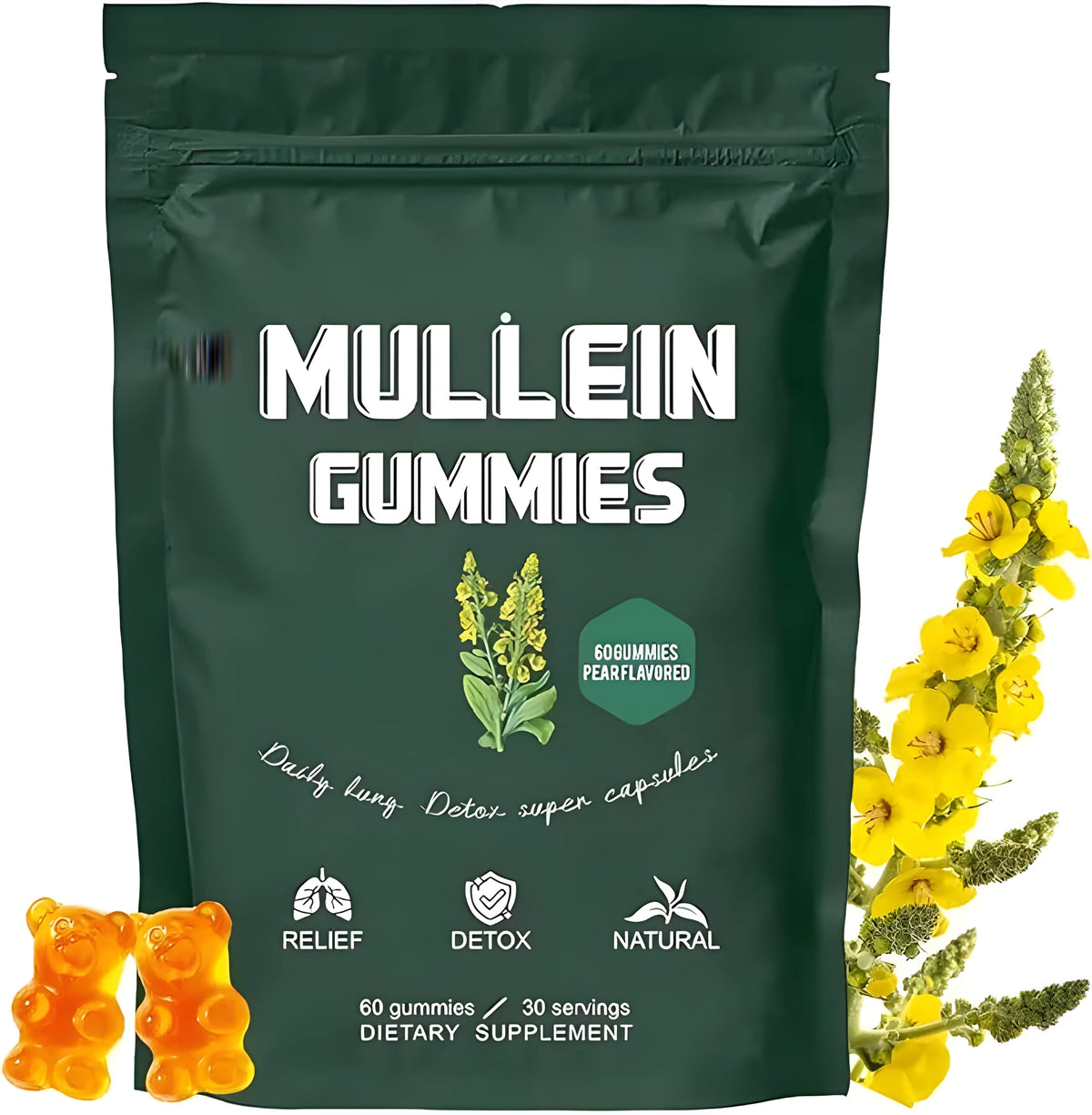 Bottle of 60 mullein gummies with pear flavour, vegan pectin base, 1,000 mg mullein extract per serving