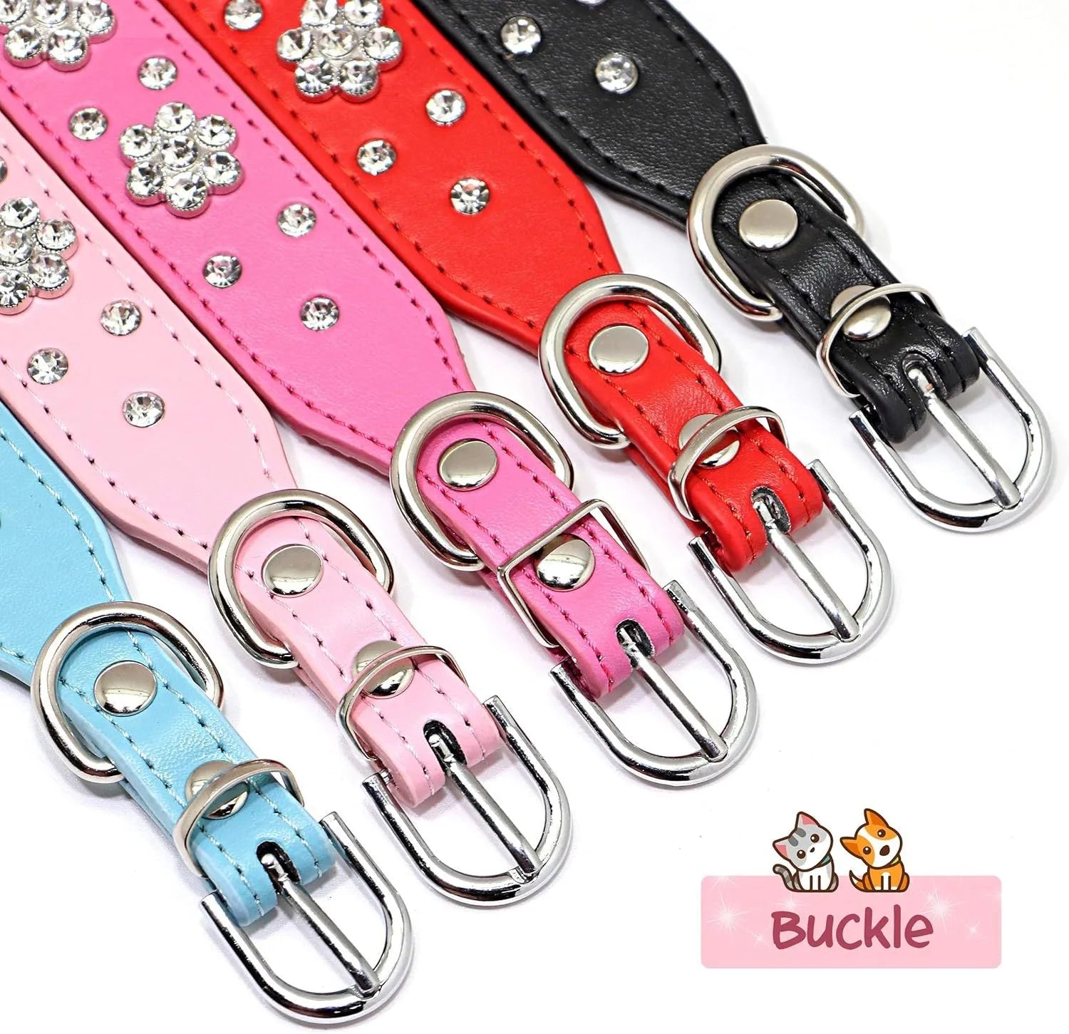 Close-up of a decorative black dog collar with sparkling rhinestone flowers and studs on PU leather.
