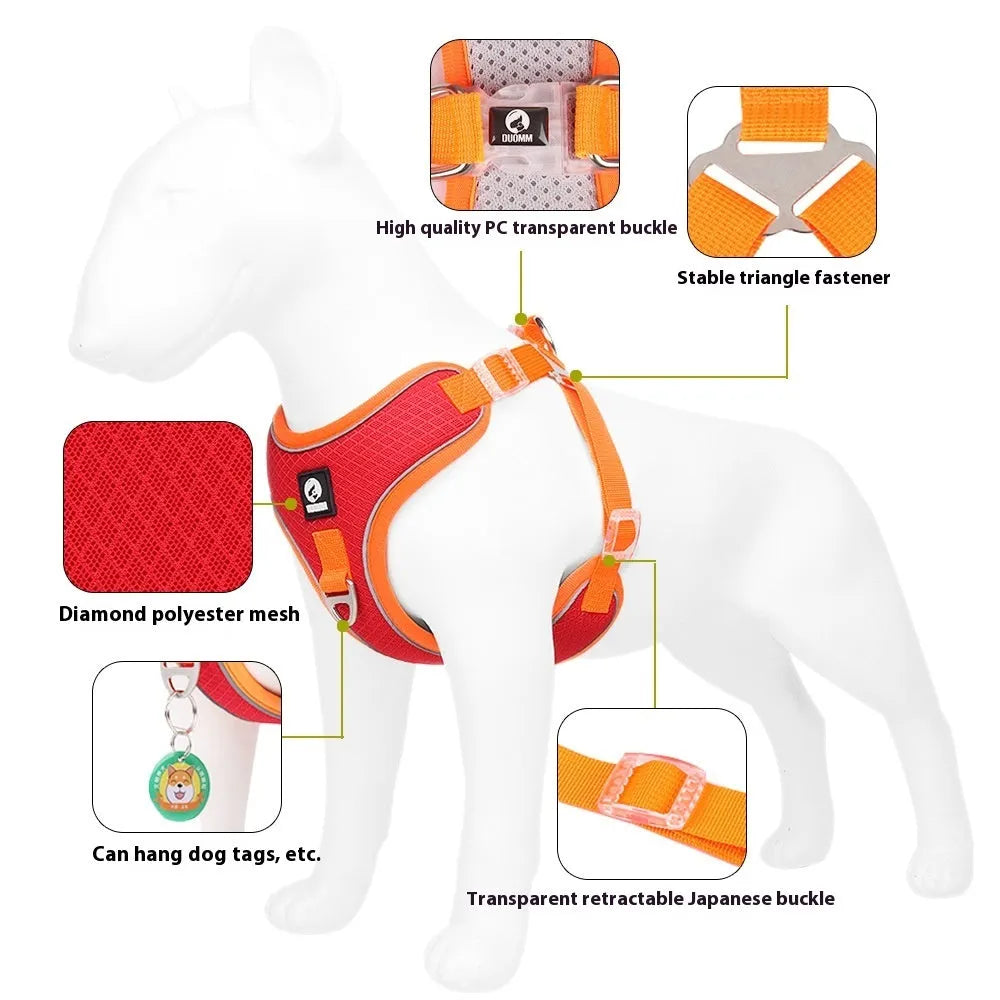 Adjustable dog harness with reflective strips in black, red, gray, or light purple colours