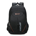 Large black nylon backpack with curved shoulder straps, shown open to display its polyester lining.