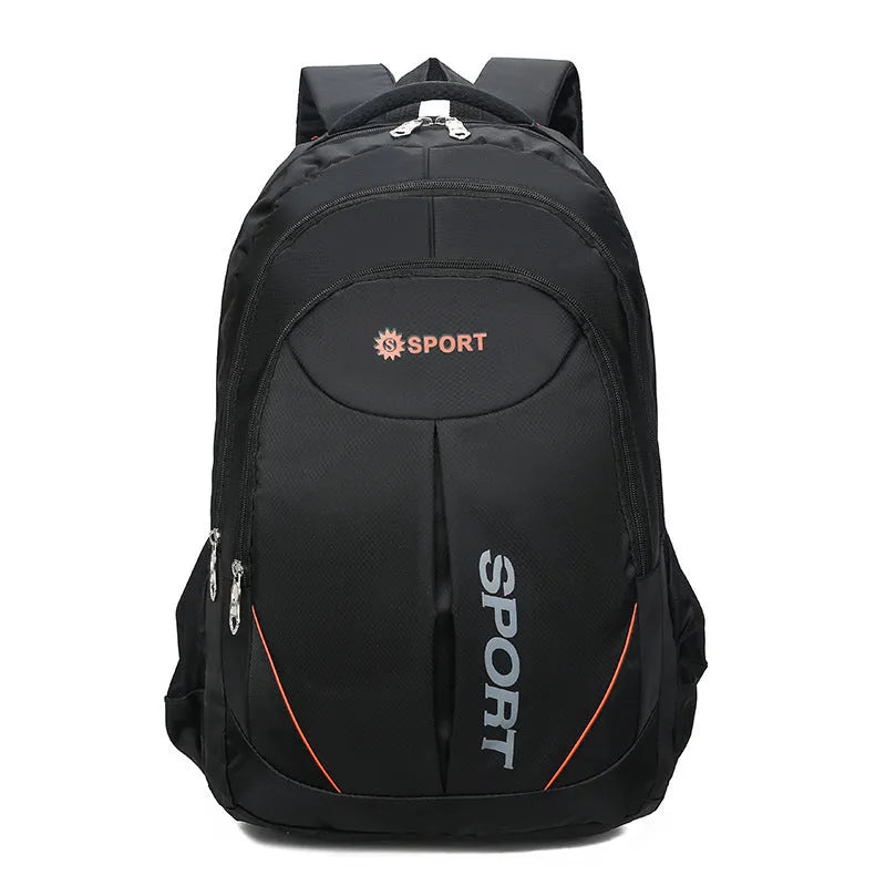 Large black nylon backpack with curved shoulder straps, shown open to display its polyester lining.