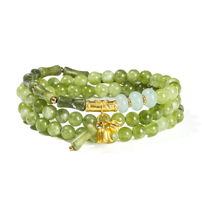Grey jade multi-circle girls bamboo bracelet with flower lily element and copper steel alloy clasp