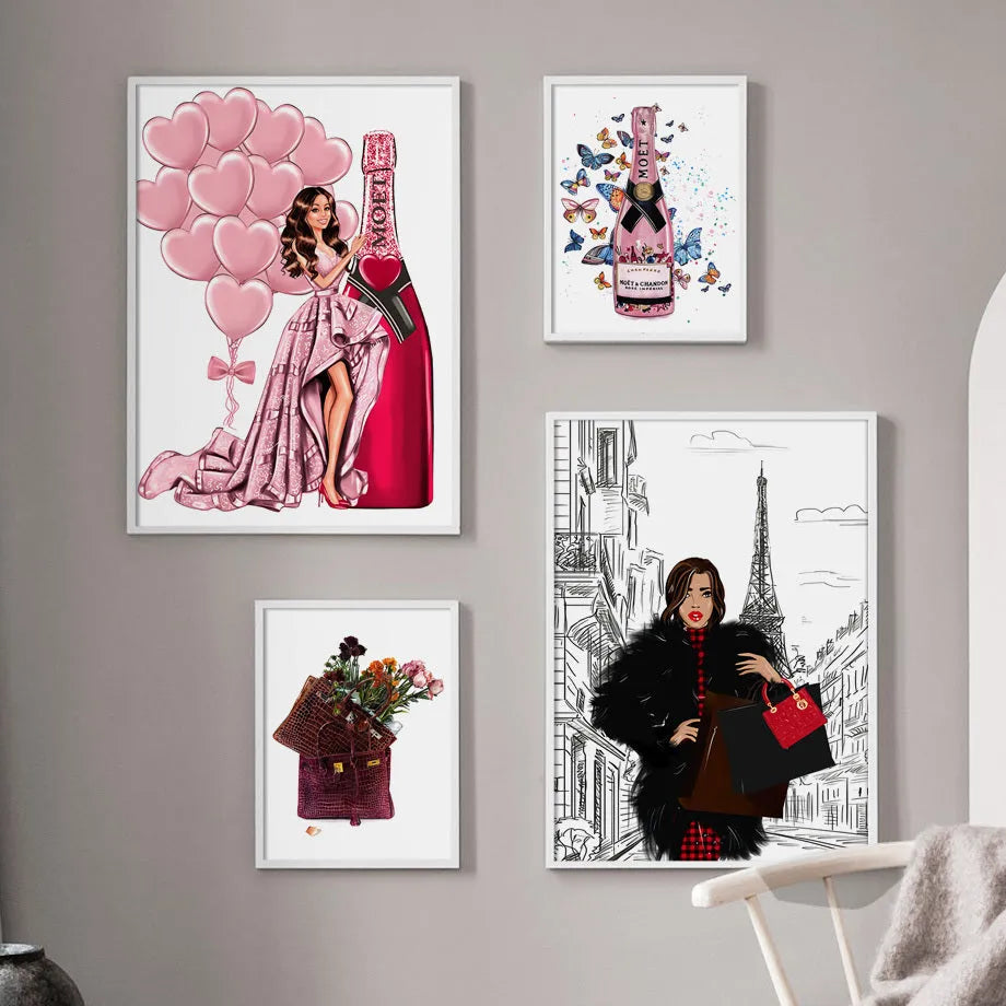 Canvas wall art print showing fashion girl cartoon design with balloon and champagne elements
