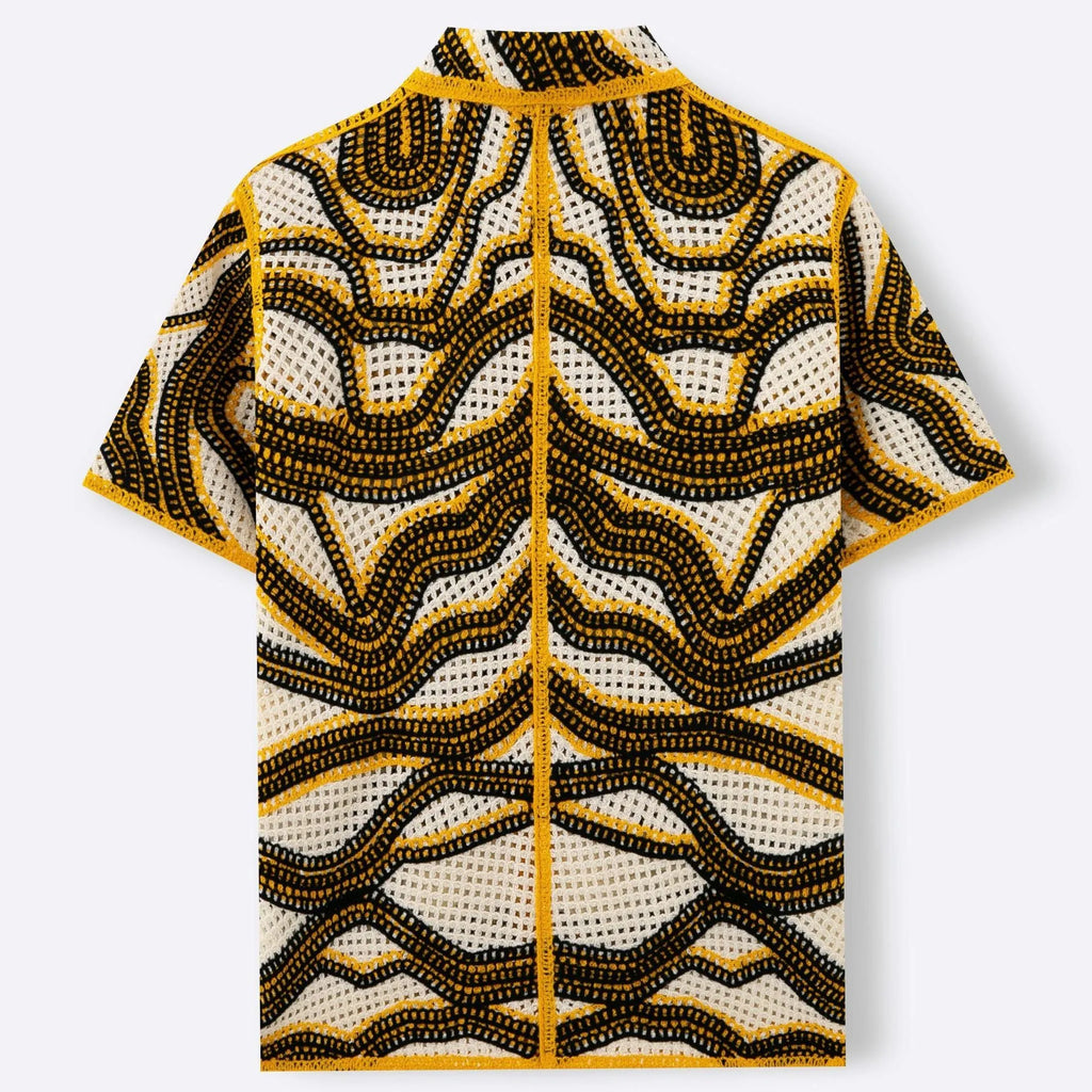 Khaki striped short sleeve cardigan with retro hand crochet texture and flocked detailing