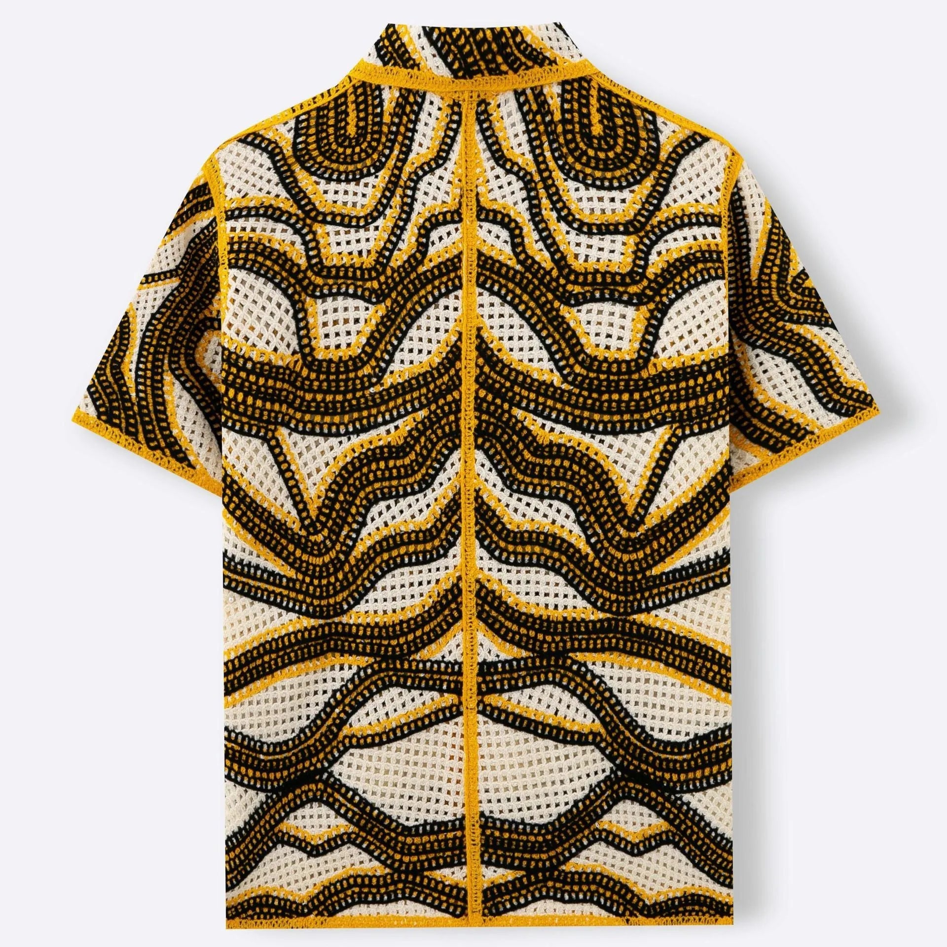 Khaki striped short sleeve cardigan with retro hand crochet texture and flocked detailing