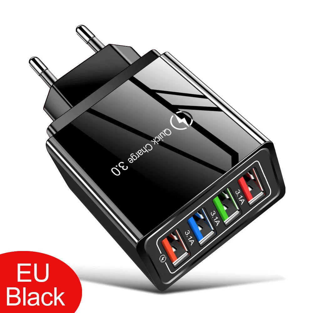 Black and white multi-port USB wall charger with luminous light indicator and UK three-pin plug