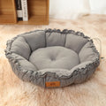 Grey and green reversible donut cat bed shown in three sizes for indoor cats and small dogs