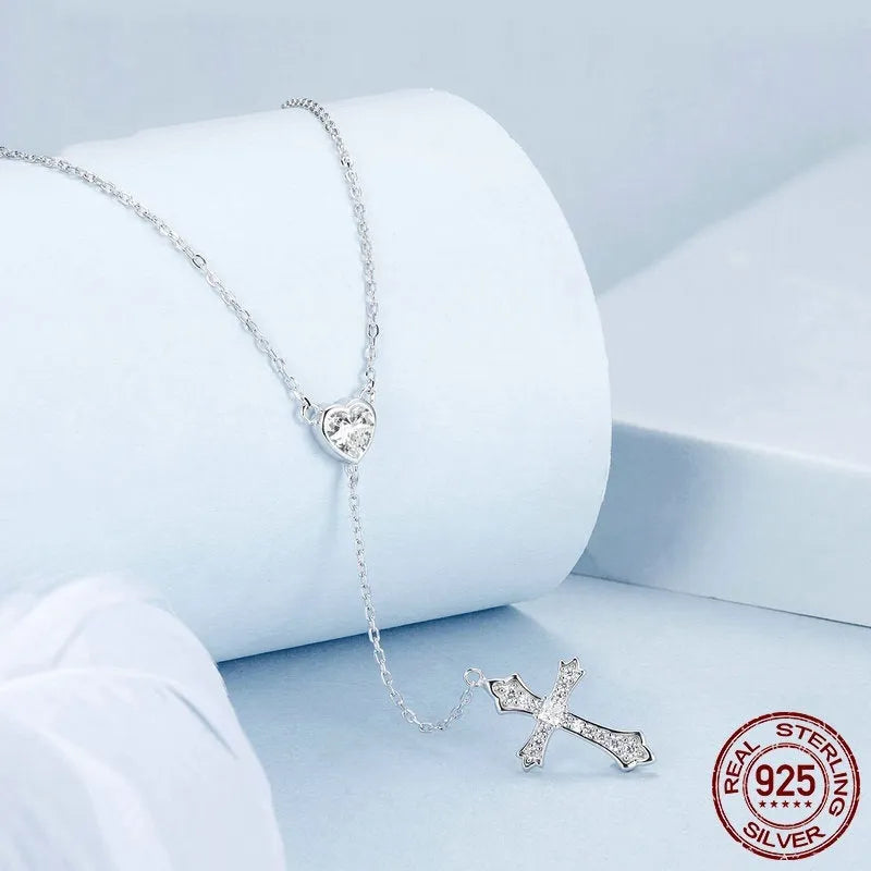 925 silver Love Cross necklace with V-neck pendant on O-ring chain in BSN384 colour for women