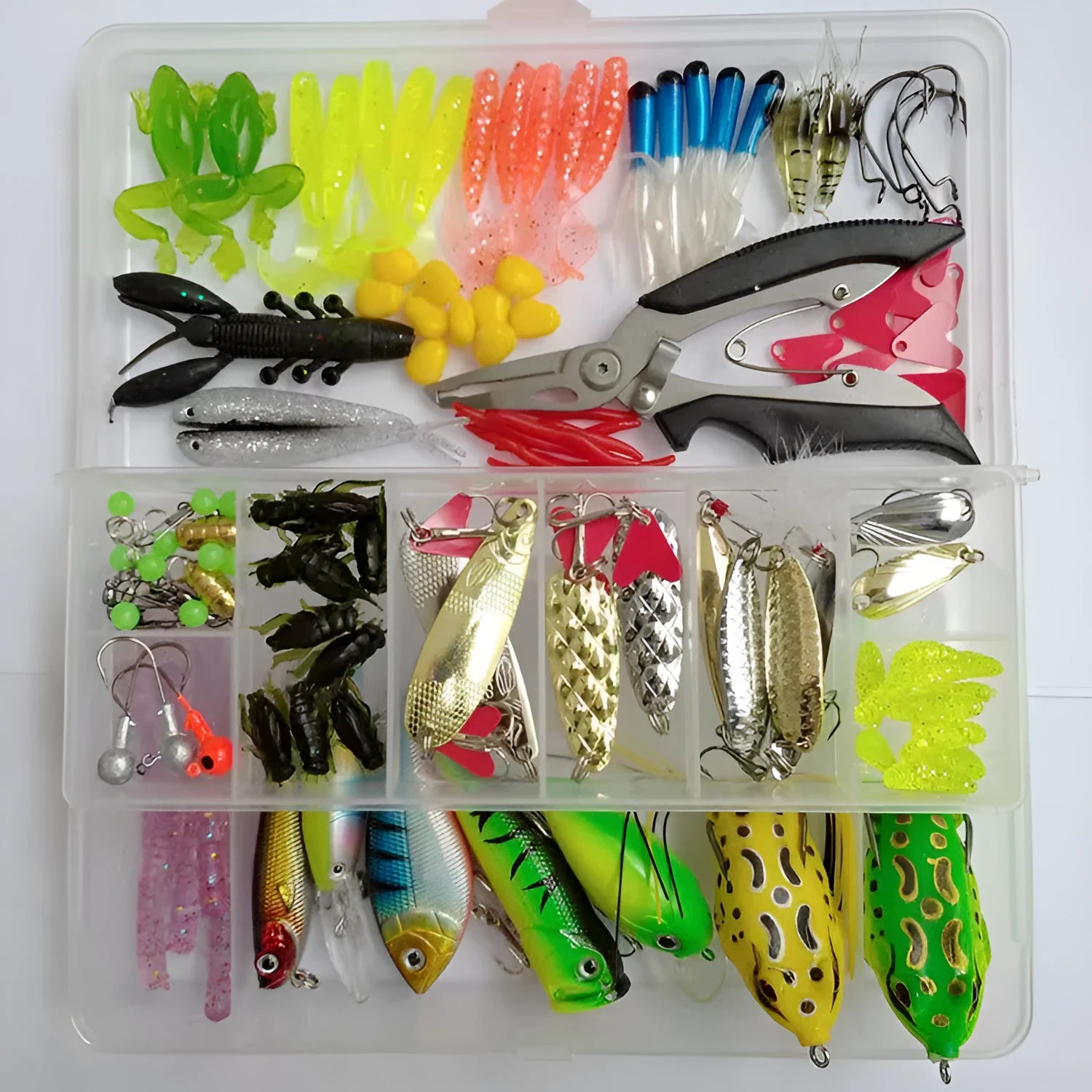 142-piece fishing lure suit with assorted hard mino sequin lures, superbait designs, and metal fishing pliers.