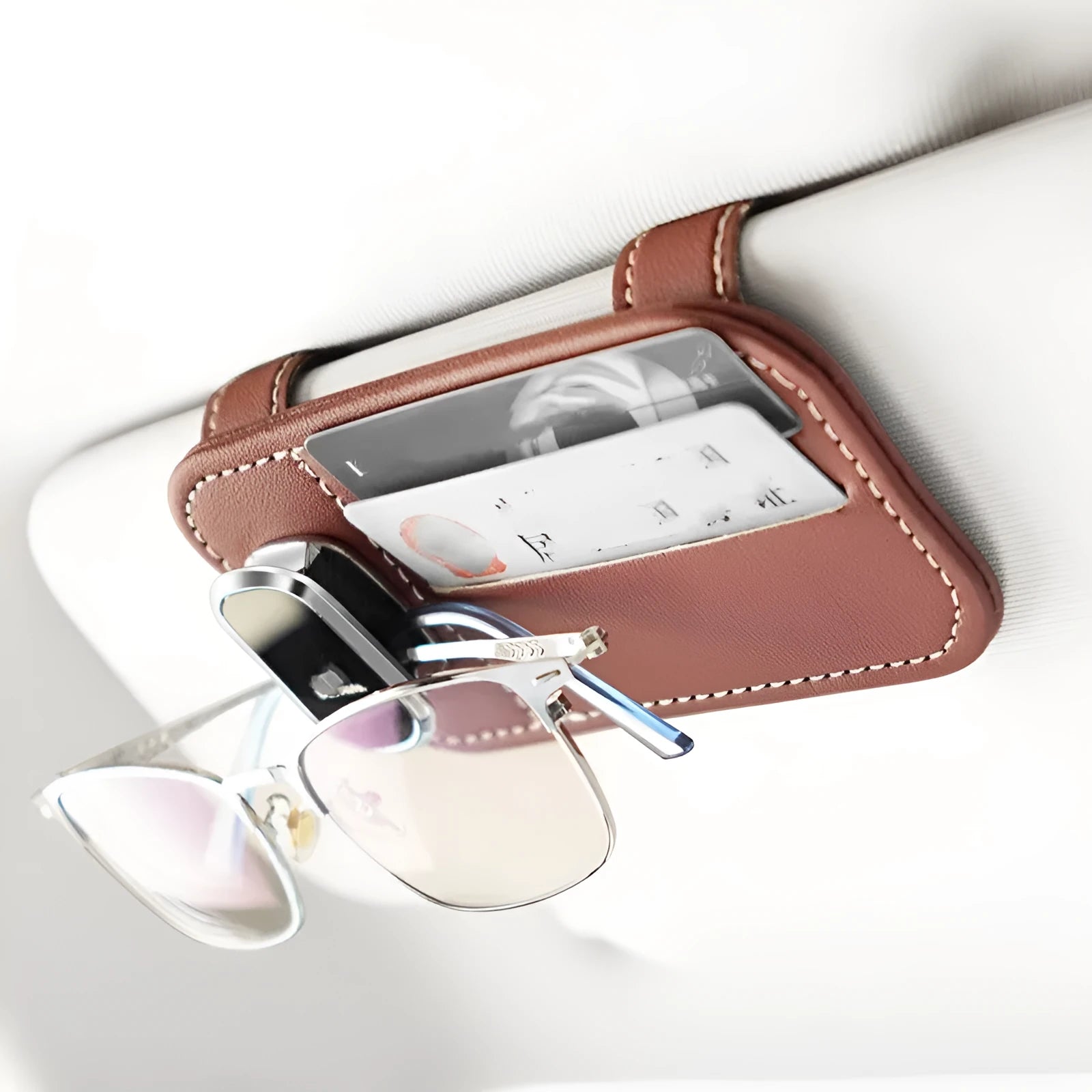 Leather sun louver card holder with glasses clip for car organisation in multiple colour options