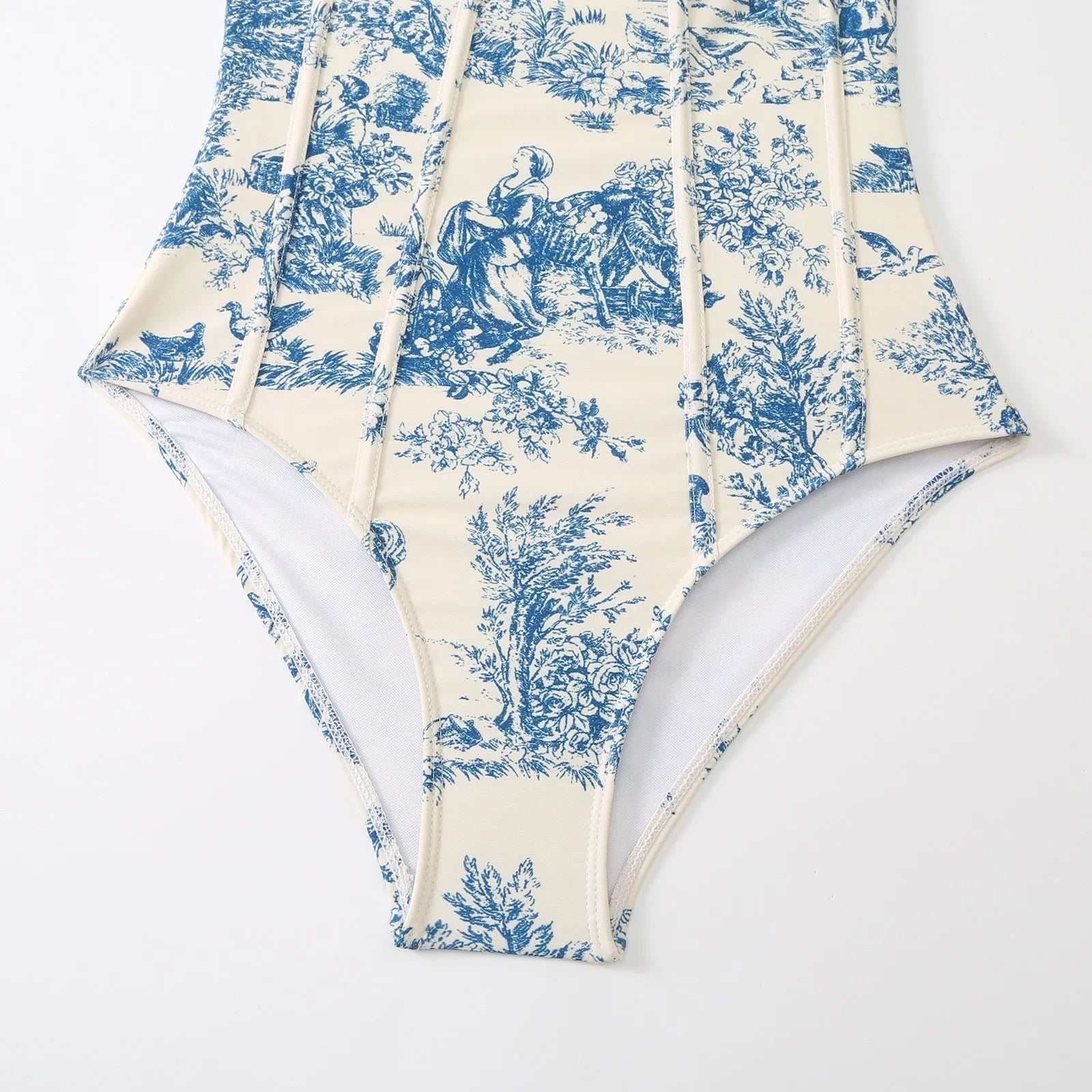 Blue women's one-piece swimsuit with detachable gauze skirt on size chart